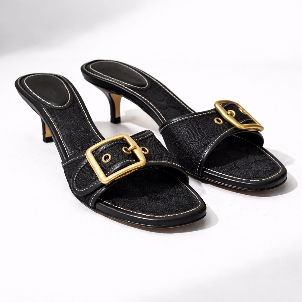 Coach Margot Signature Mule Heels Black Canvas Gold Buckle Slides Size 7